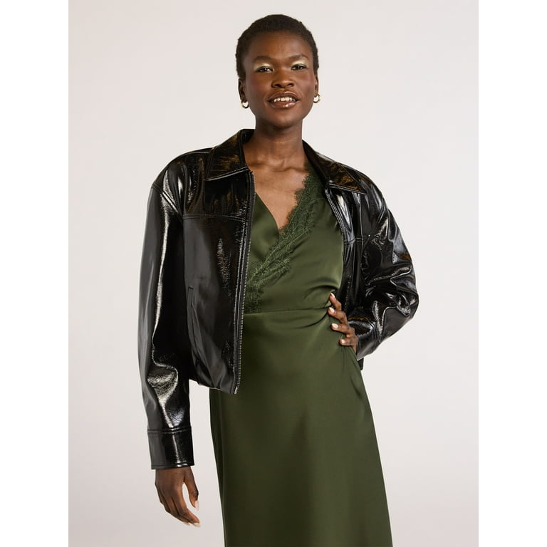 Scoop Women's Crinkle Faux Patent Leather Cropped Bomber