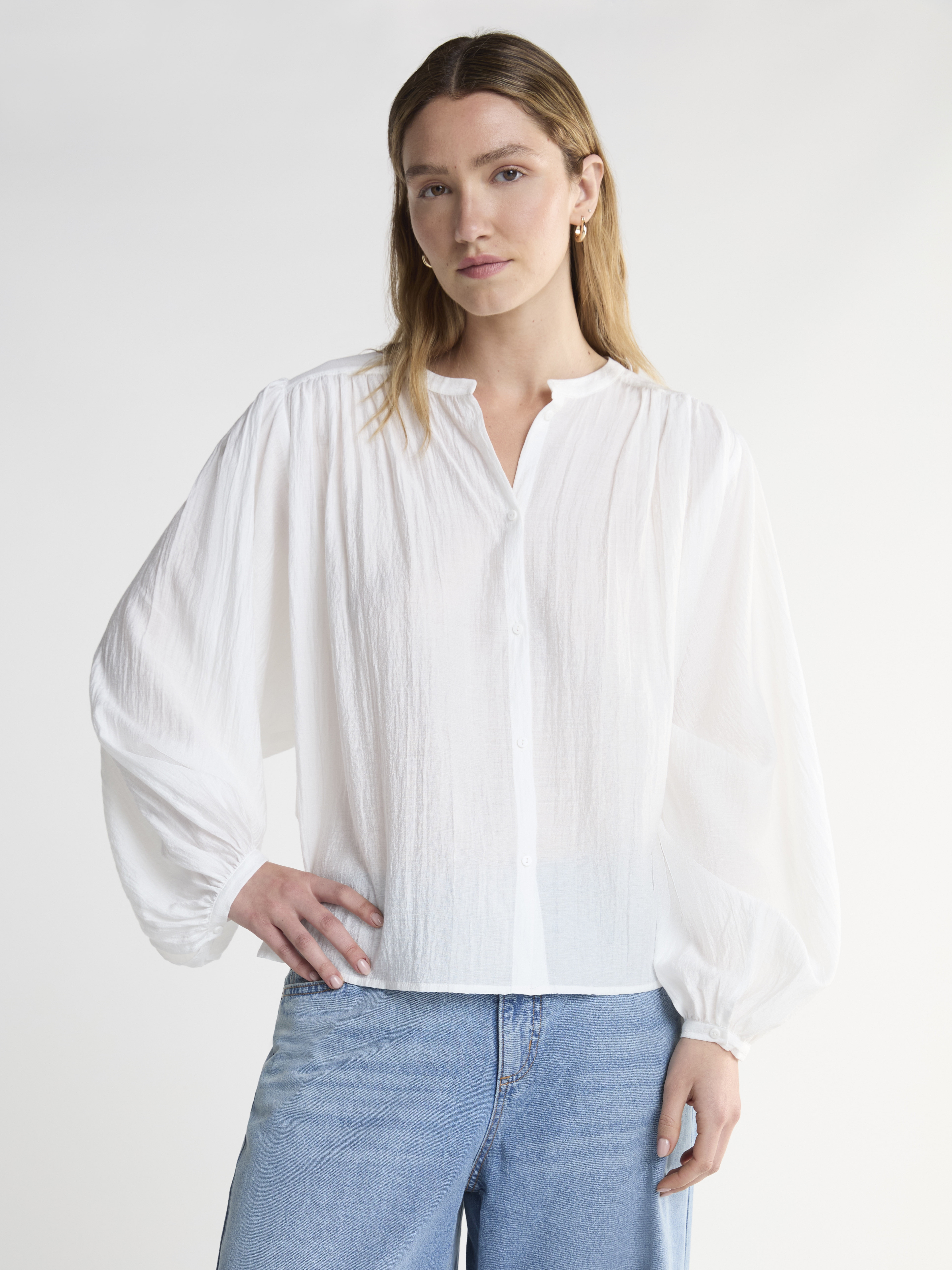 Scoop Women's Crinkle Gauze Blouson Shirt with Long Sleeves, Sizes