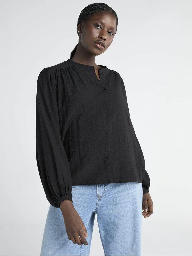 Scoop Women's Crinkle Gauze Blouson Shirt with Long Sleeves Sizes