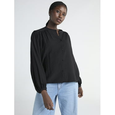 Scoop Women’s Crinkle Gauze Shirt with Blouson Sleeves, Sizes XS-XXL