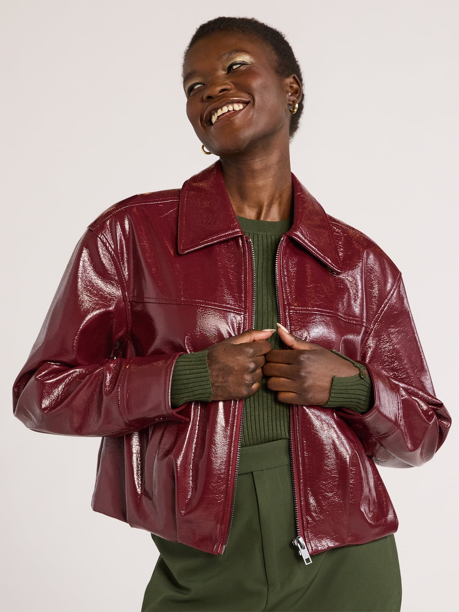 Scoop Women's Crinkle Faux Patent Leather Cropped Bomber Scoop Women's Crinkle Faux Patent Leather Cropped Bomber