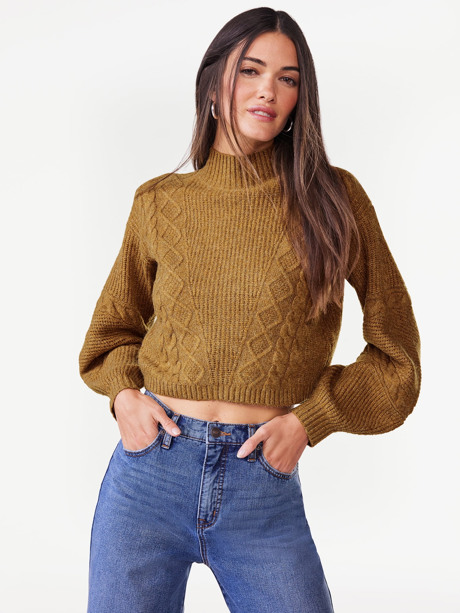 Scoop Women's Crop Cable Pullover Sweater with Long Sculpted Sleeves ...