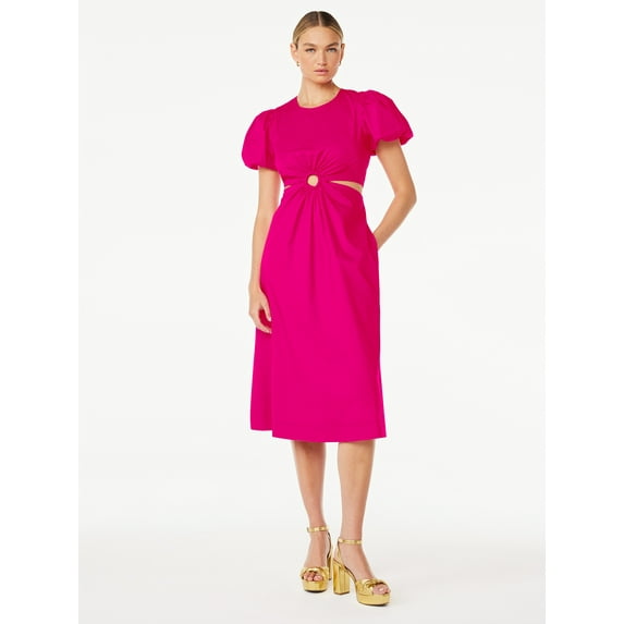 Scoop Women's Cut Out Midi Dress with Puff Sleeves, Sizes XS-XXL