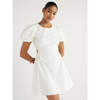 Scoop Women’s Cutout Poplin Dress with Puff Sleeves, Sizes XS-XXL