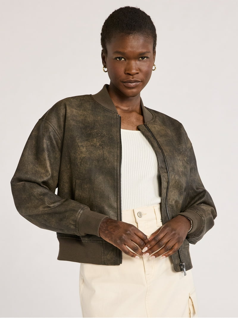 Scoop Women's Distressed Faux Leather Cropped Bomber Jacket