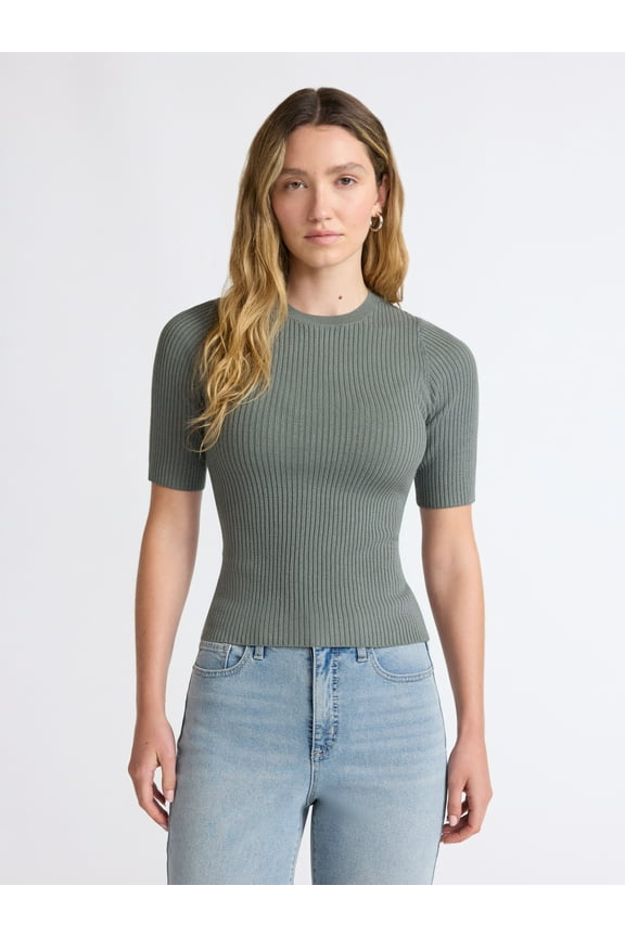 Women's and Women's Plus Rib Knit Sweater with Elbow Length Sleeves, Lightweight, Sizes XS-4X
