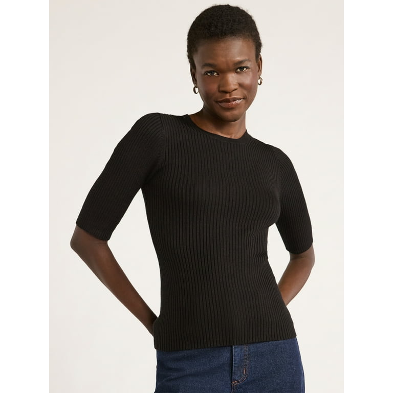 Scoop Women s Rib Knit Sweater with Elbow Length Sleeves Lightweight Sizes XS XXL