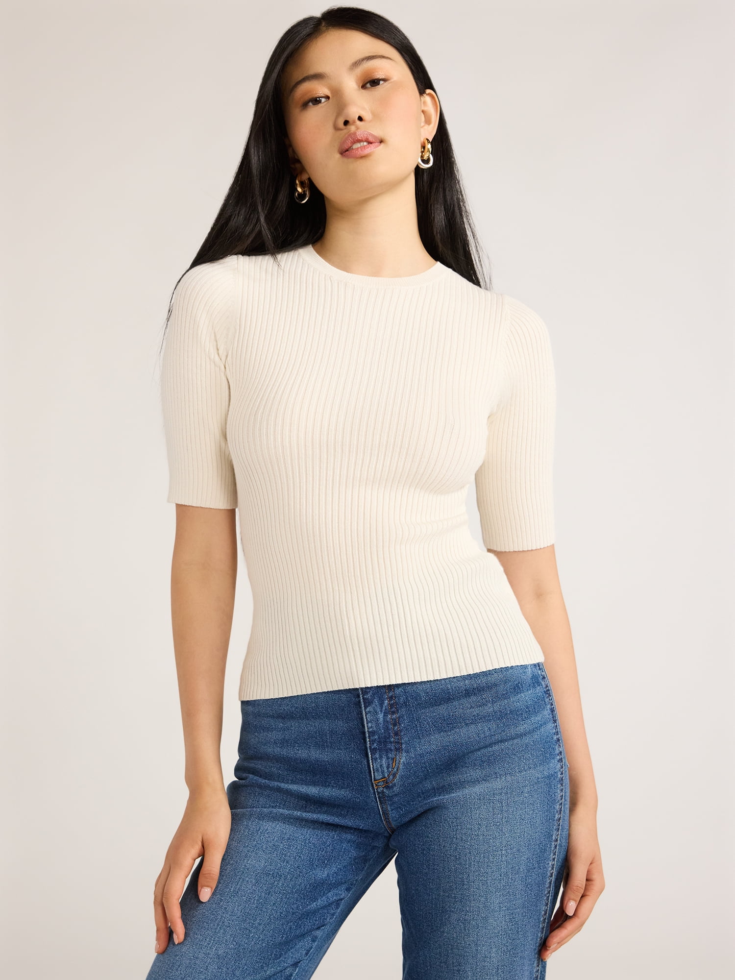 Scoop Women's Rib Knit Sweater with Elbow Length Sleeves Scoop Women's Rib Knit Sweater with Elbow Length Sleeves