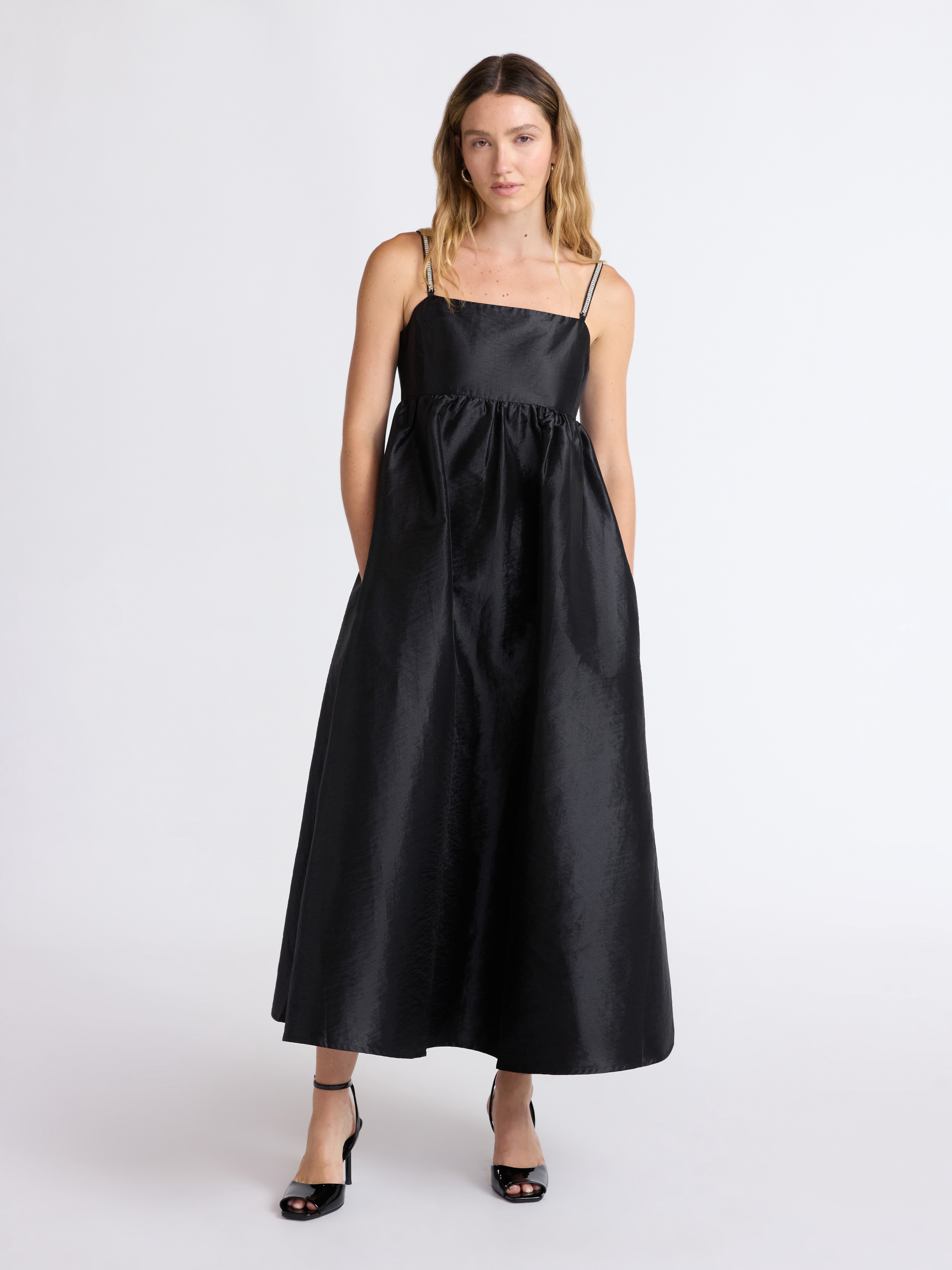 Women’s and Women’s Plus Taffeta Maxi Dress with Embellished Straps, Sizes XS-4X