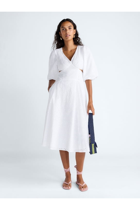 Women's Eyelet Cutout Cotton Midi Dress, Sizes 0-18