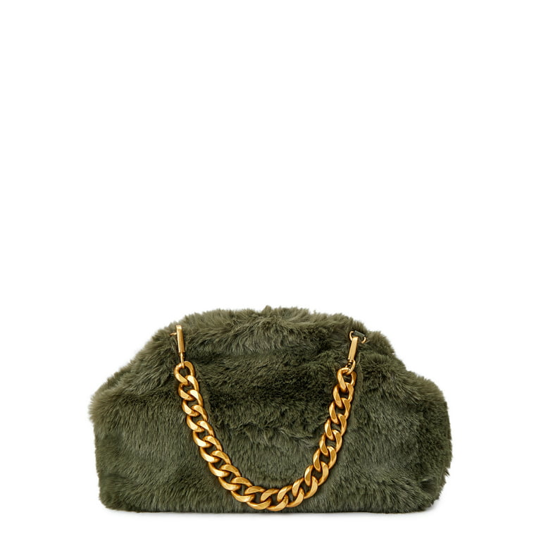Scoop Women's Faux Fur Clutch with Chain Handle, Green 