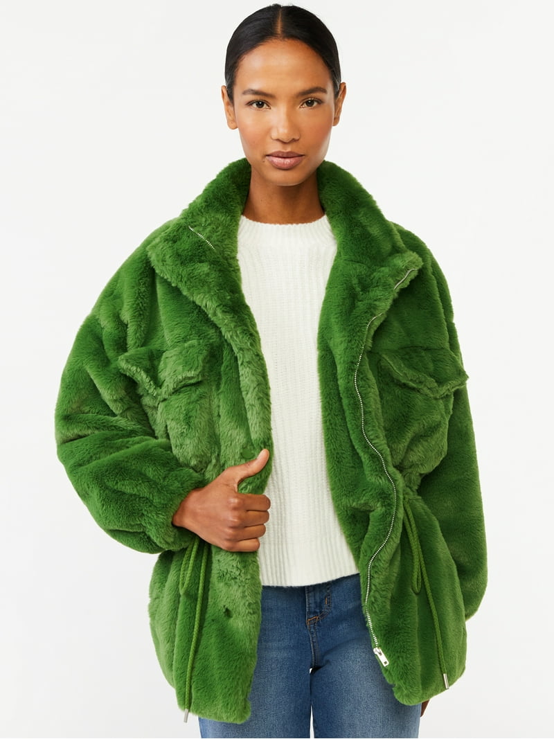 Scoop Women's Faux Fur Oversized Jacket with Cinch Waist