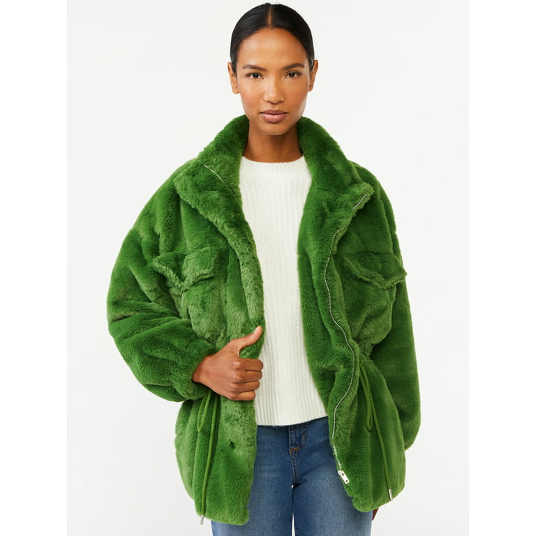 Scoop Women's Faux Fur Oversized Jacket with Cinch Waist 