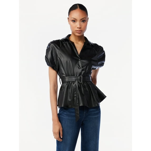 Scoop Women's Faux Leather Belted Peplum Top