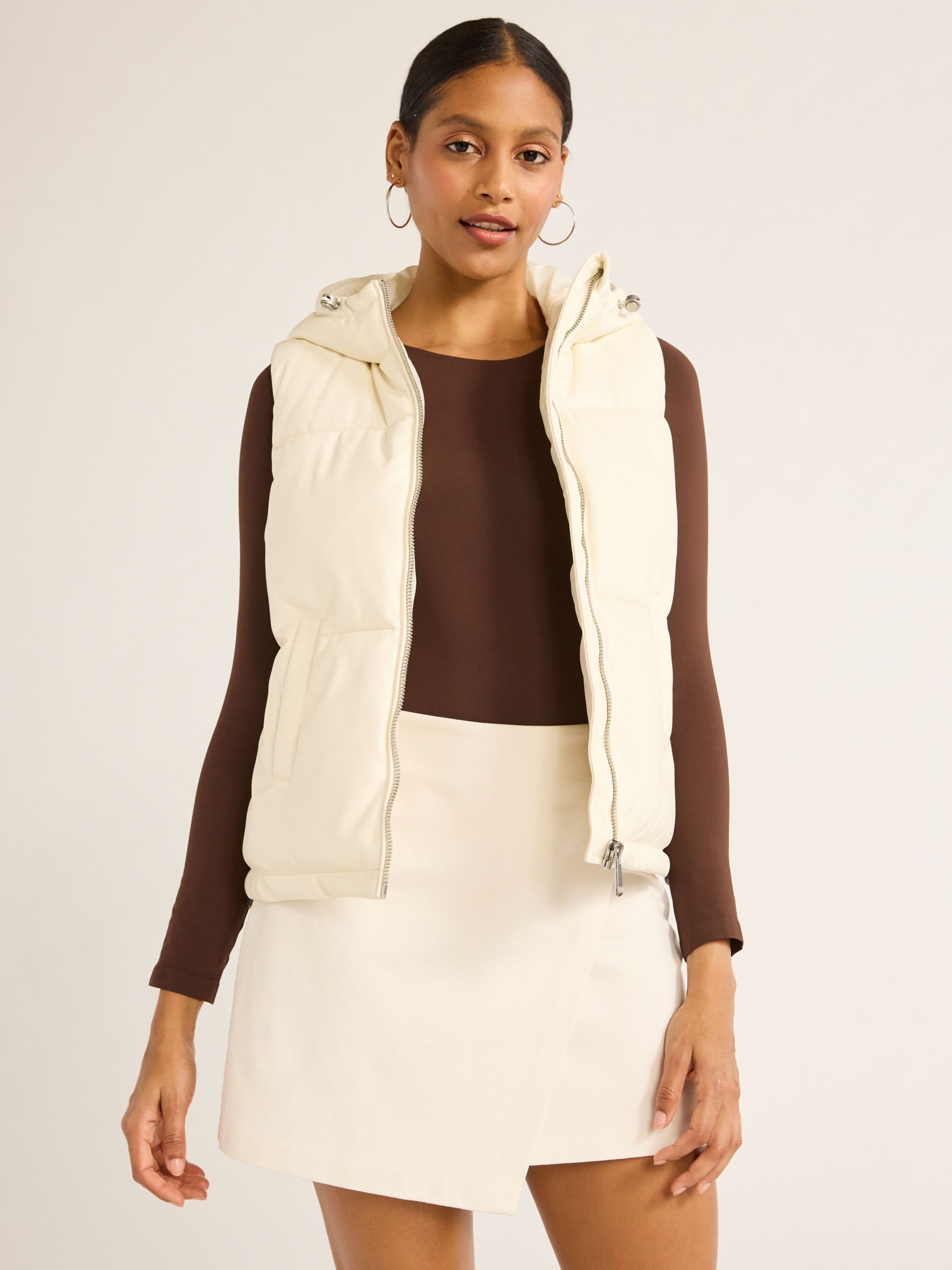 Scoop Women's Faux Leather Hooded Puffer Vest, Midweight, Sizes XS-XXL