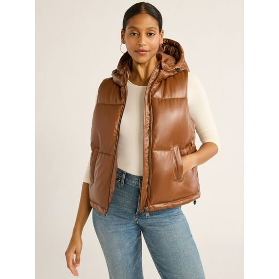 Scoop Women's Faux Leather Hooded Puffer Vest, Midweight, Sizes XS-XXL