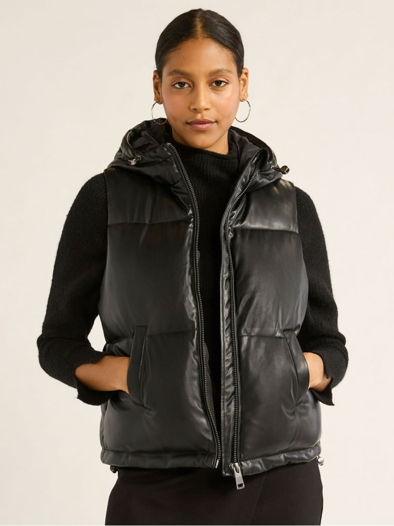Scoop Women's Faux Leather Hooded Puffer Vest, Midweight