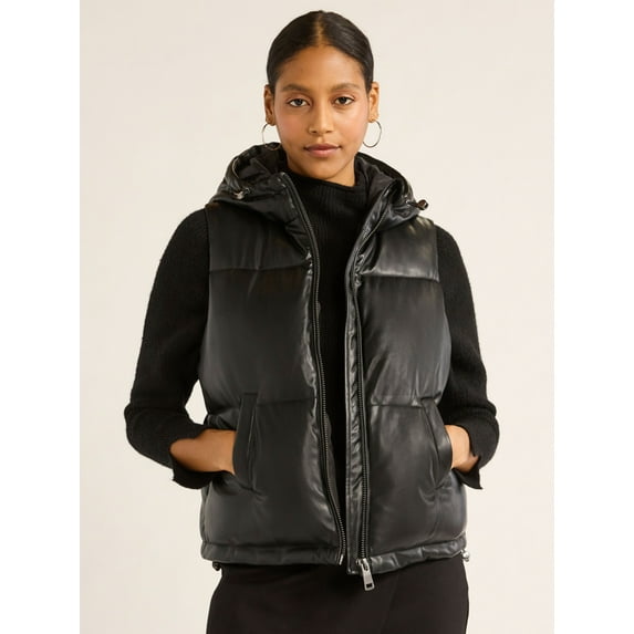 Scoop Women's Faux Leather Hooded Puffer Vest, Midweight, Sizes XS-XXL