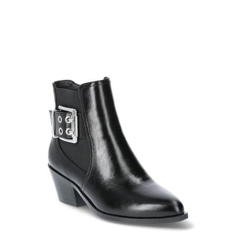Womens Faux Leather Moto Buckle Ankle Booties