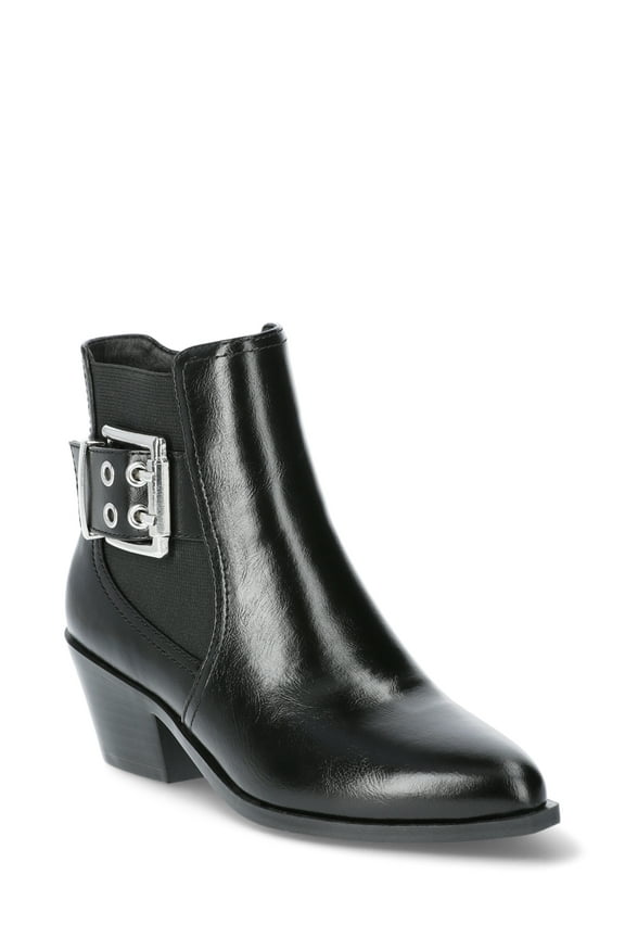 Womens Faux Leather Moto Buckle Ankle Booties