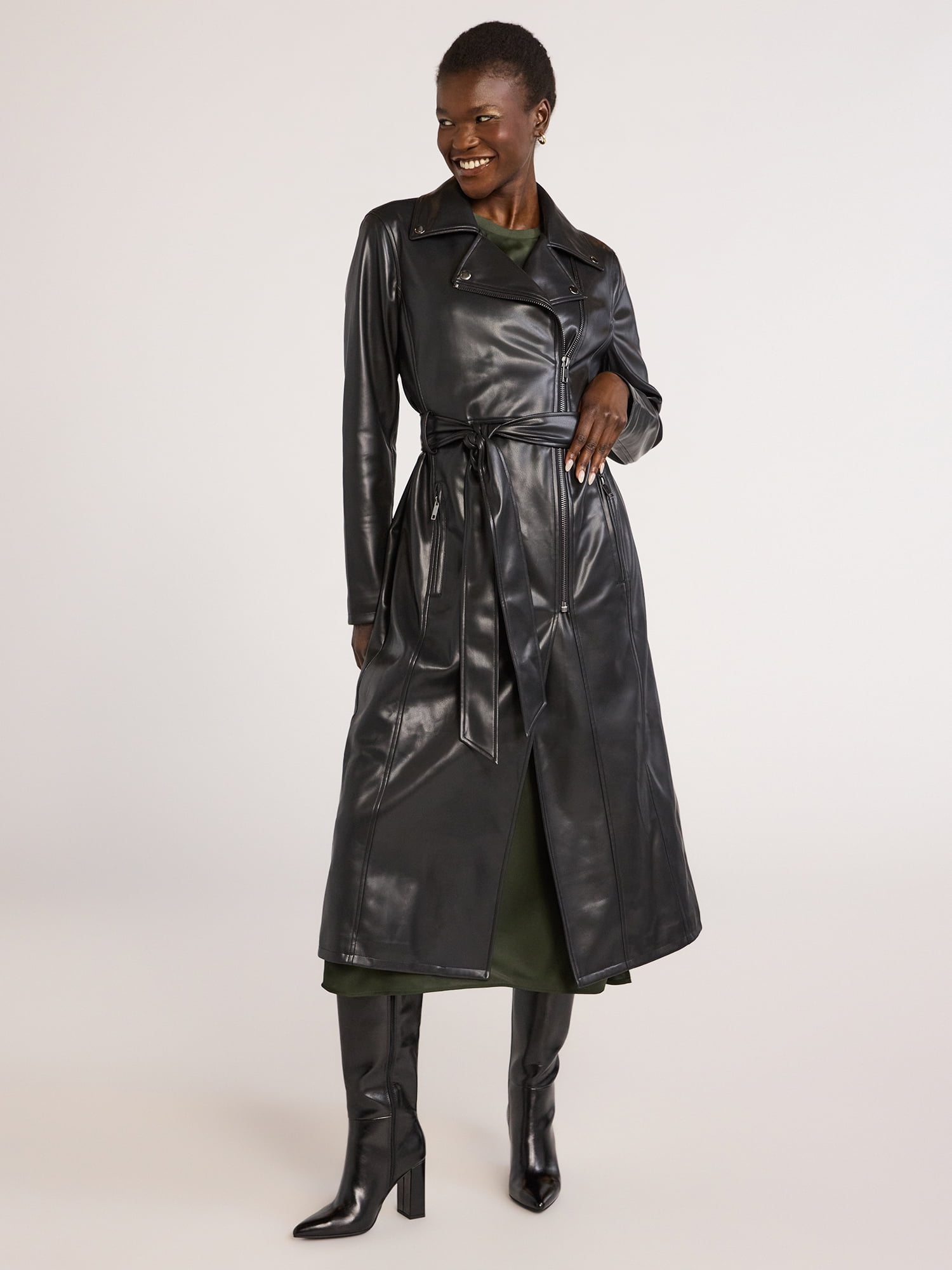 Scoop Women's Faux Leather Moto Trench Coat, Sizes XS-XXL