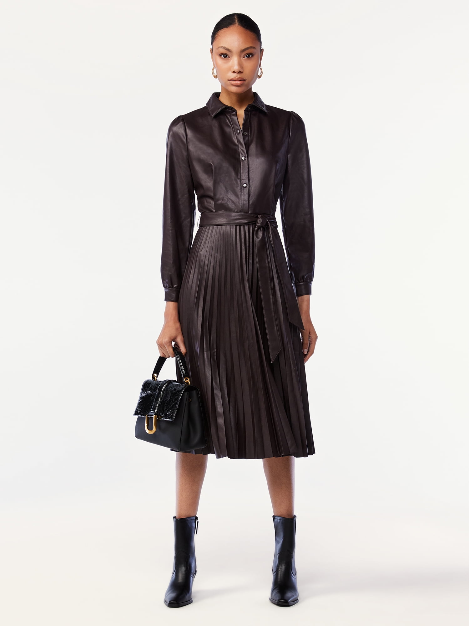 Scoop Women's Faux Leather Pleated Midi Dress, Sizes XS-XXL