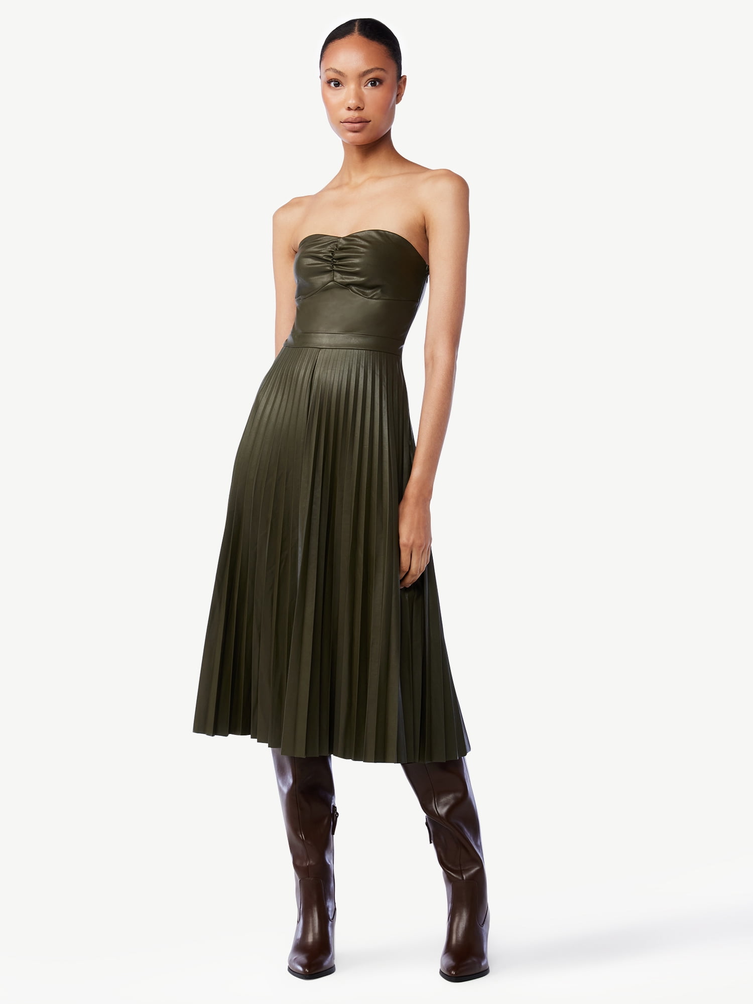 Scoop Women's Faux Leather Strapless Pleated Midi Dress