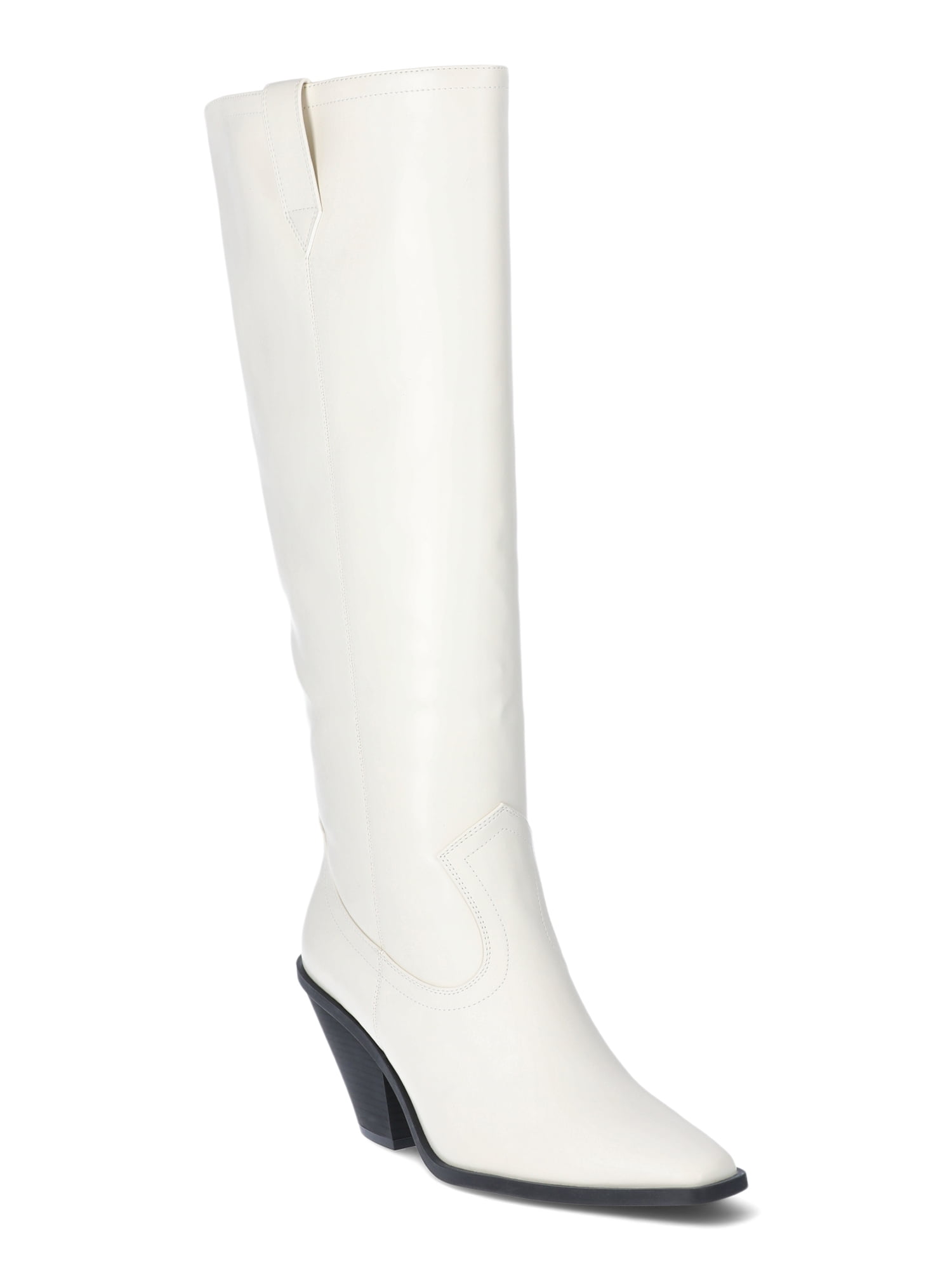 【関税込み】Leila Boots in White Leather Scoop Women's Faux Leather Tall Western Boots, Sizes 6-11