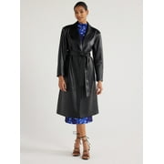 Scoop Women's Faux Leather Trench Coat with Padded Shoulders, Sizes, XS-XXL