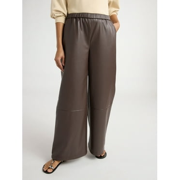 Scoop Women's Faux Leather Wide Leg Parachute Pants with Adjustable Drawstring Hem, 29’’ Inseam, Sizes XS-4X