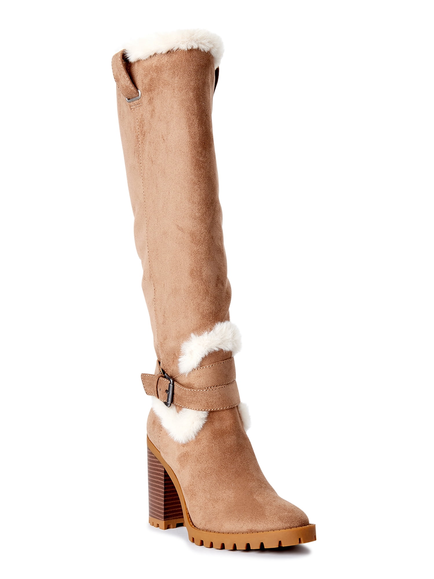 Scoop Women'S Faux Suede Knee-High Boots With Faux Fur Trim - Walmart.Com