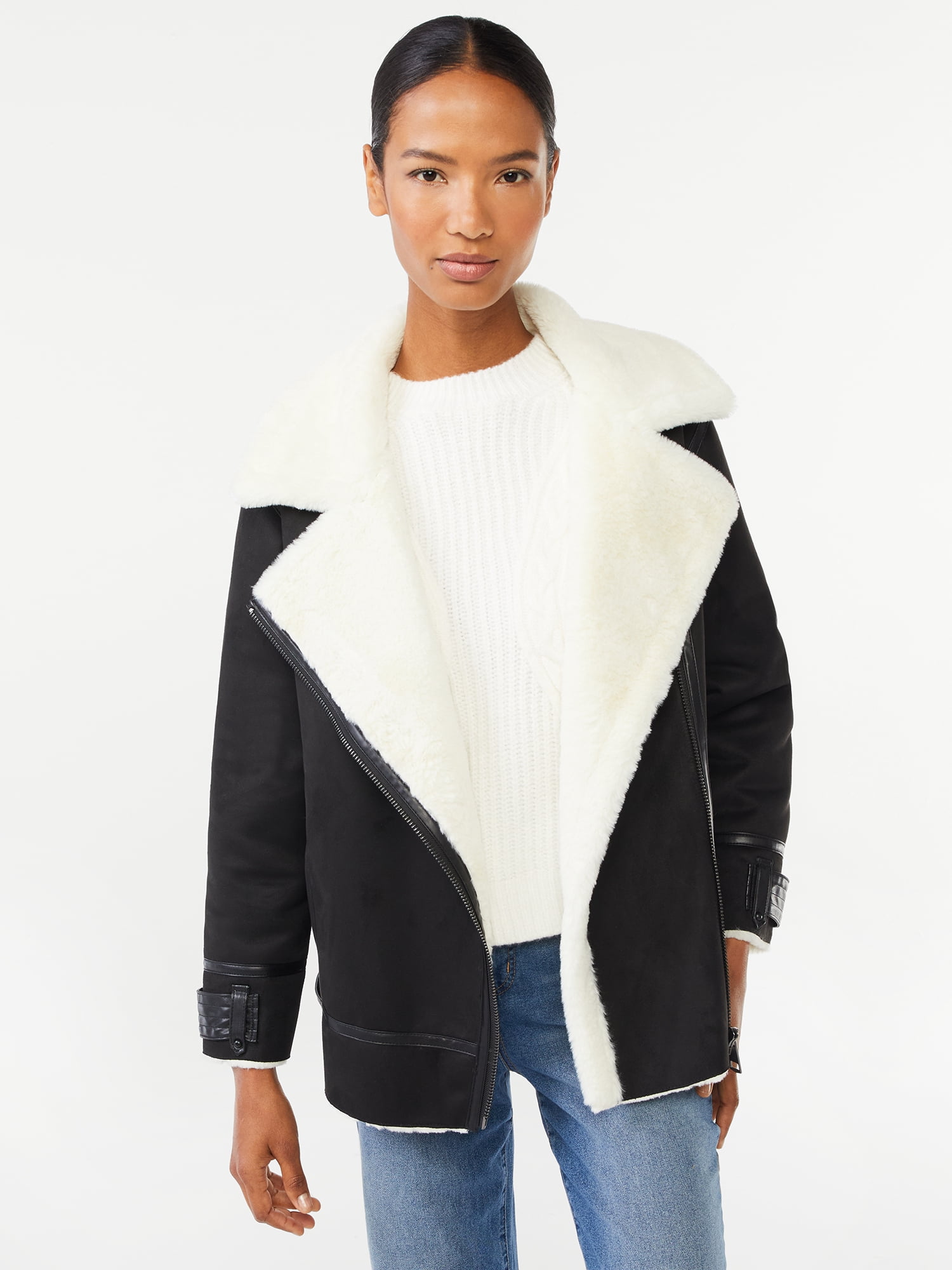 Scoop Women's Faux Suede Oversized Moto Jacket with Faux Fur