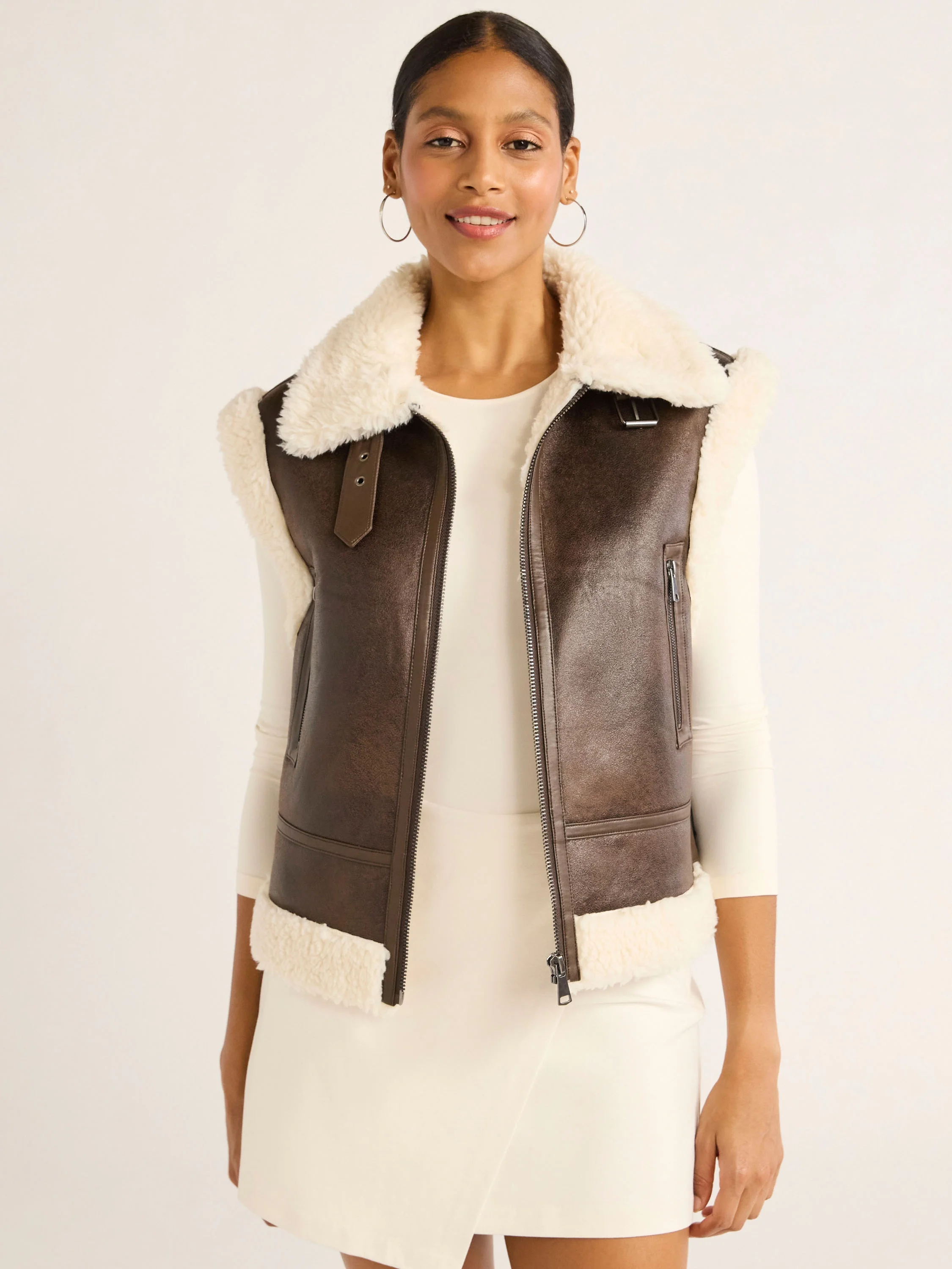 Scoop Women's Faux Suede Zip Vest with Faux Shearling Lining