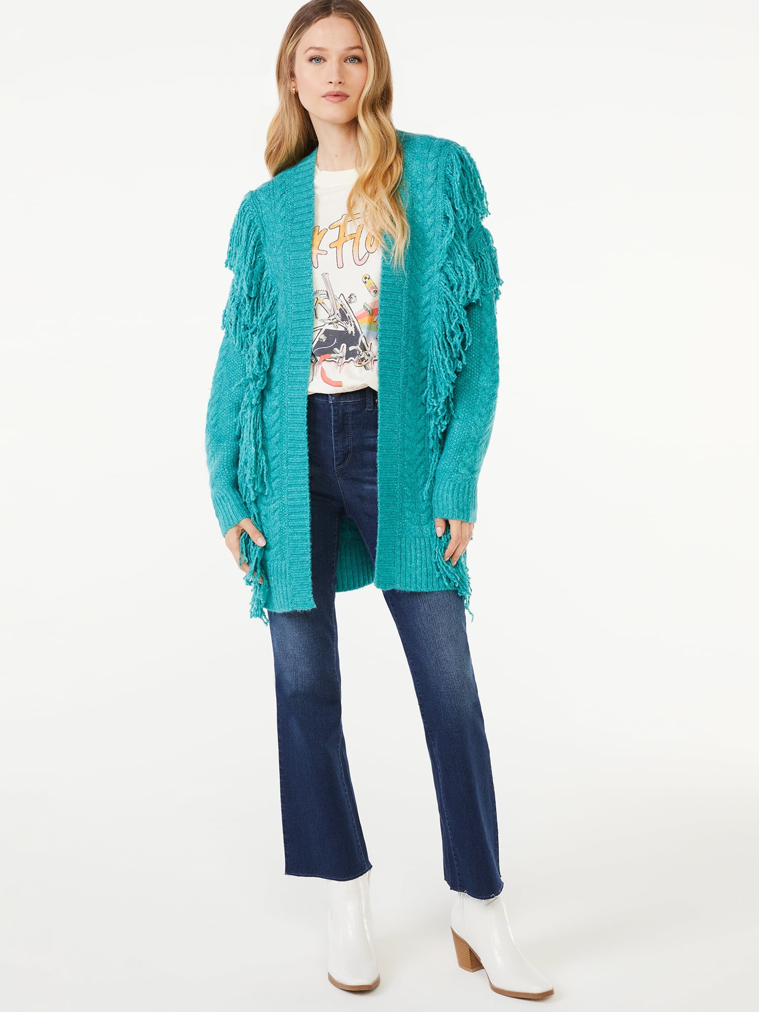 Long fringe cardigan sweater discount