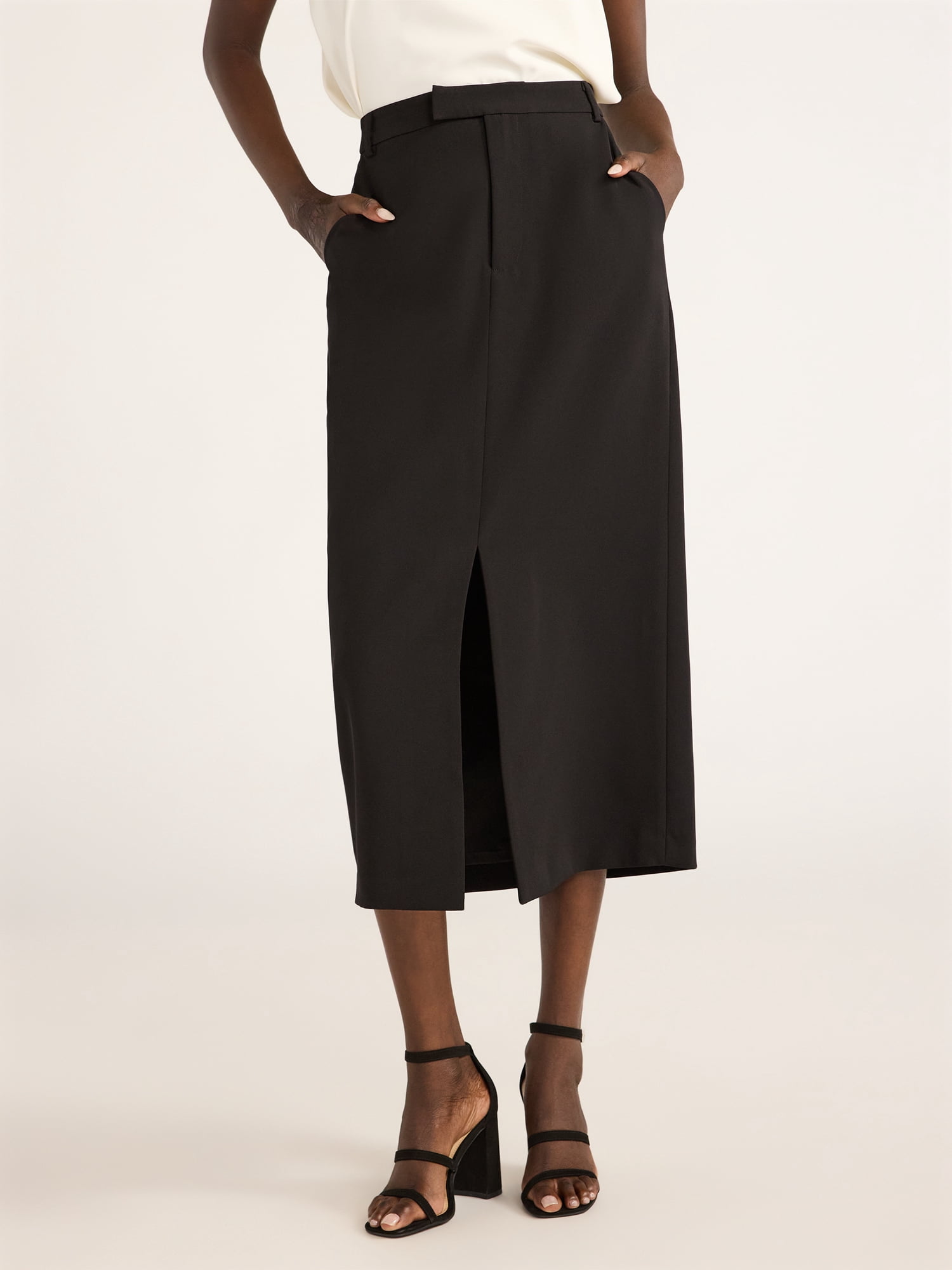 Ayla Crepe Knit Slit Front Midi Skirt