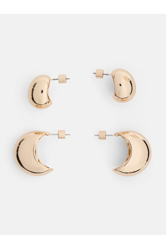 Women's Gold Tone Curved Stud & Hoop Earrings, 2 Pairs