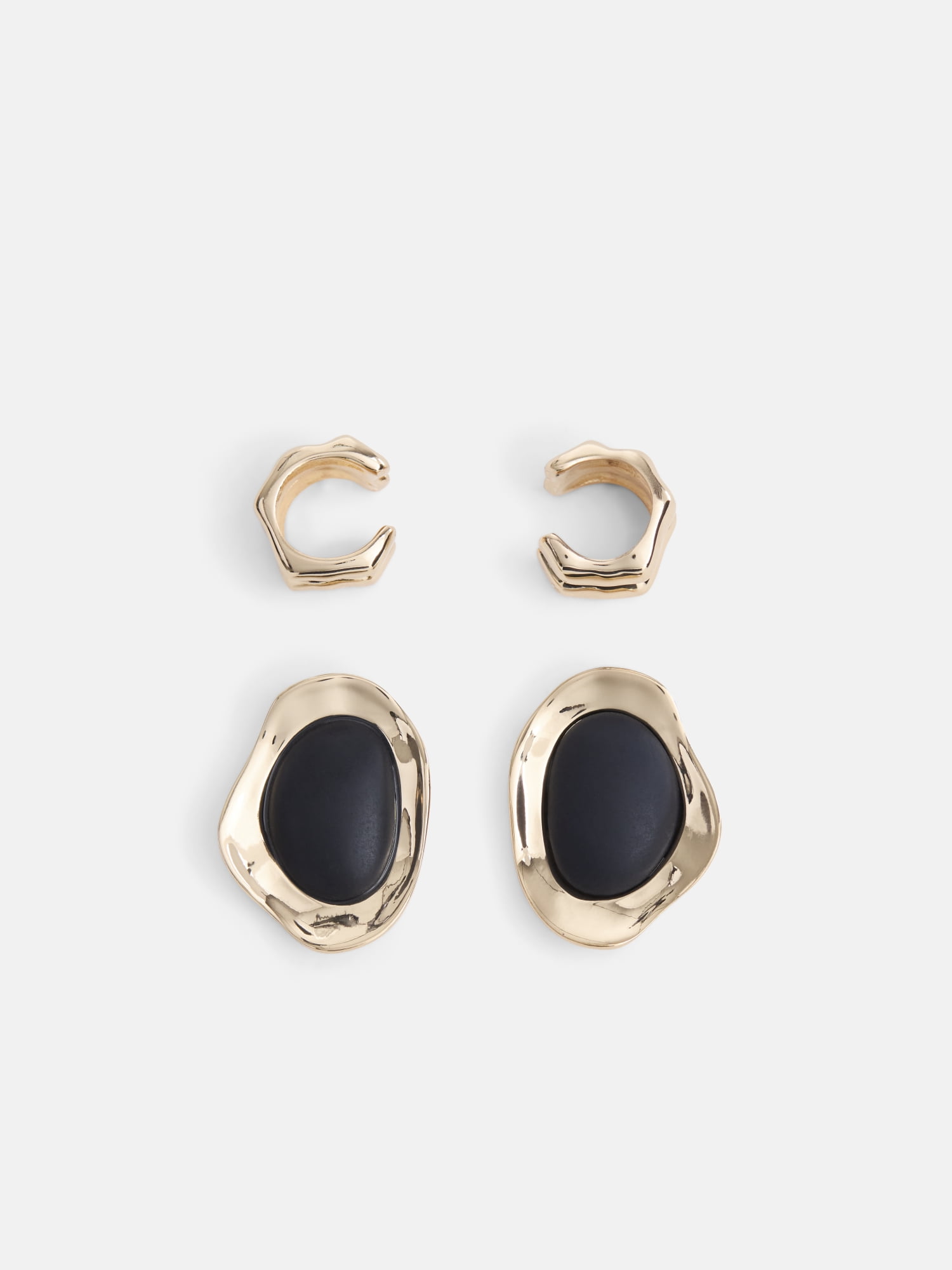 Womens Gold Tone Ear Cuff and Post Earrings with Black Accent, 2 Pairs