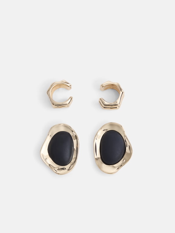 Womens Gold Tone Ear Cuff and Post Earrings with Black Accent, 2 Pairs