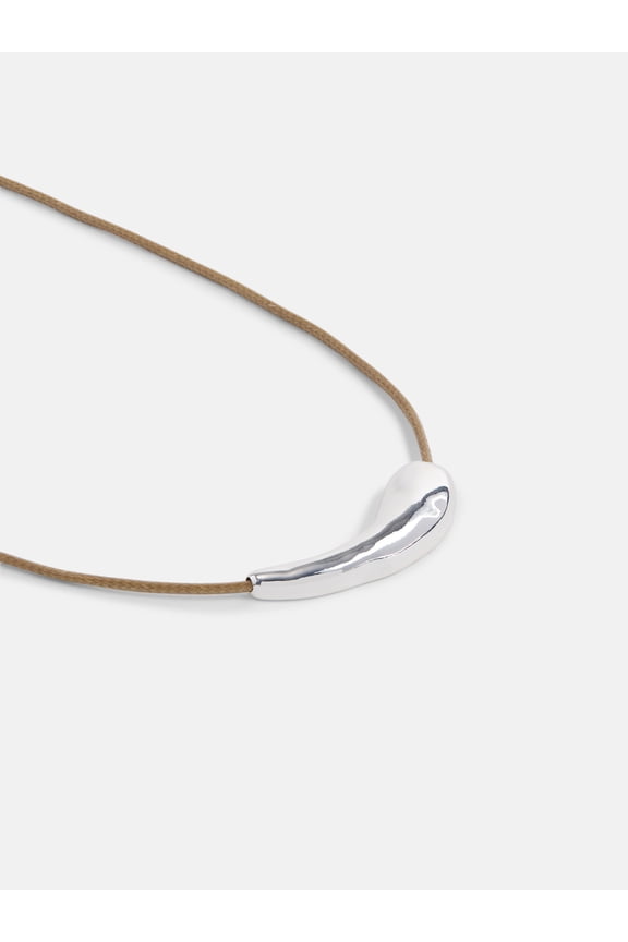 Women's Tan Cord Necklace with Silver Tone Sculpted Accents