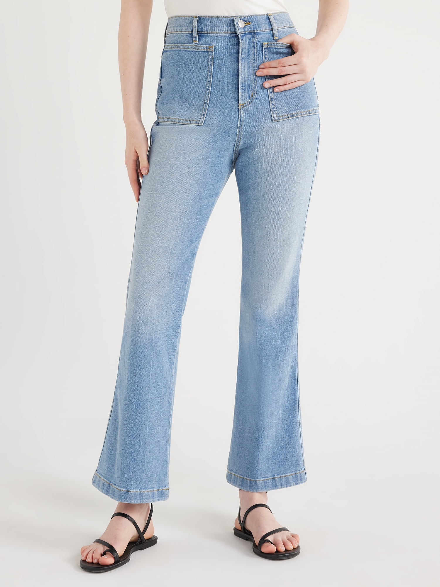 Scoop Women's High Rise Trouser Flare Patch Pocket Jeans, Sizes 0-18 -  Walmart.com