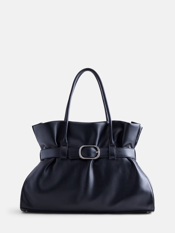 Women's Faux Leather Buckle Tote Bag, Rich Black