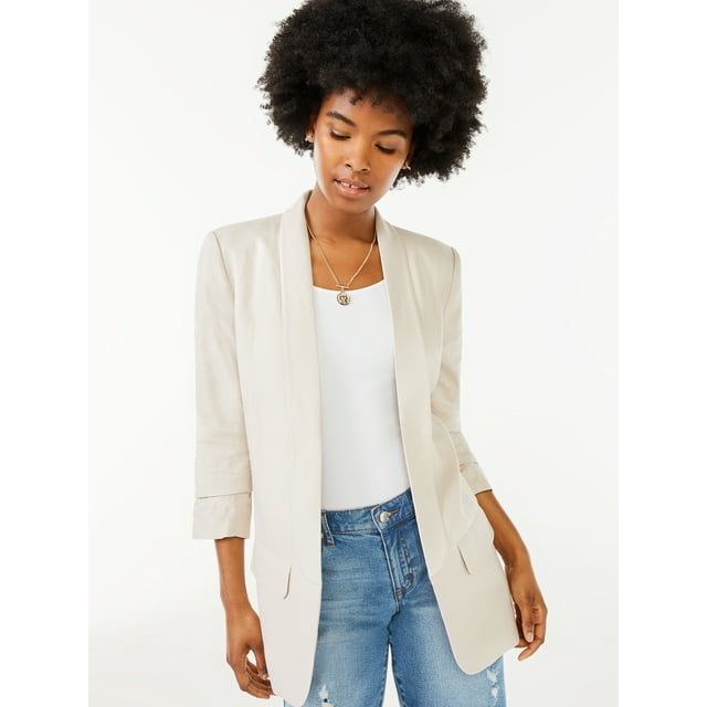 Scoop Women's Linen-Blend Blazer with Scrunch Sleeves - Walmart.com