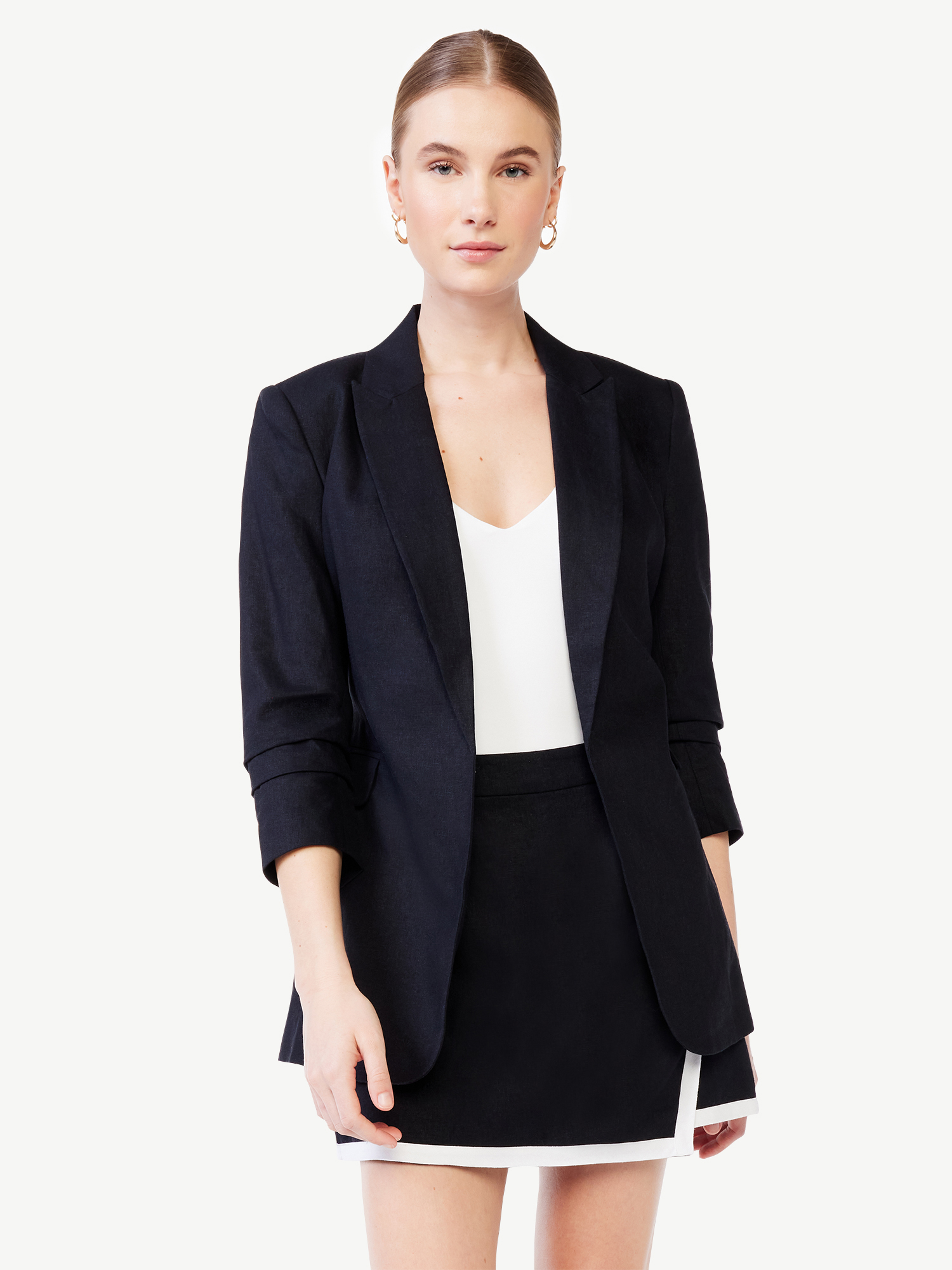 Scoop Women's Linen-Blend Open Front Blazer with Tie Back and 3/4 Scrunch Sleeves - image 1 of 5