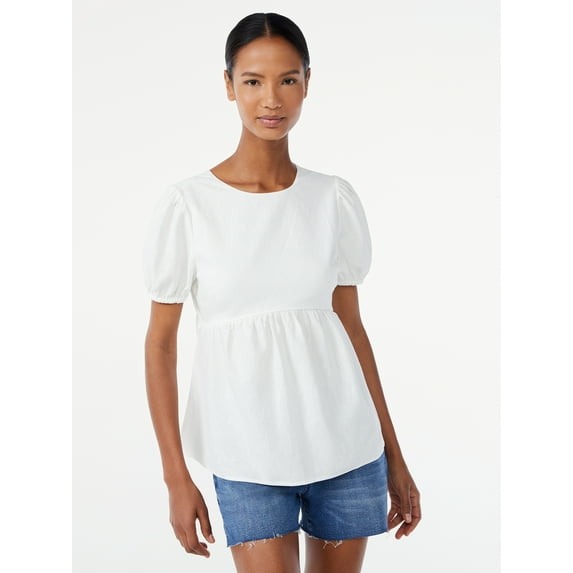 Scoop Women's Linen Blend Peplum Top with Puff Sleeves