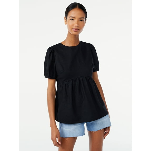 Scoop Women's Linen Blend Peplum Top with Puff Sleeves