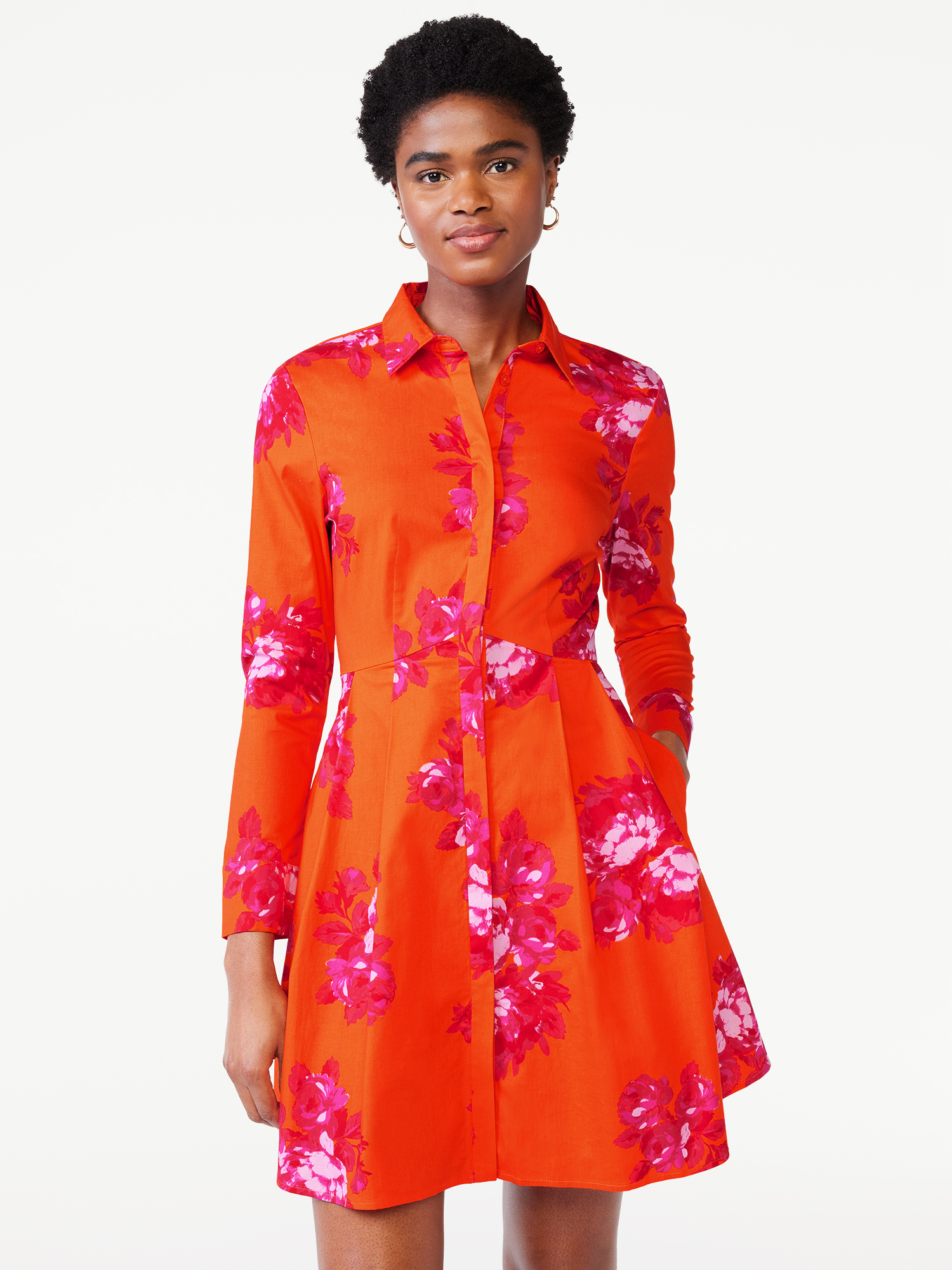 Scoop Women s Long Sleeve Fit and Flare Poplin Short Shirt Dress Walmart