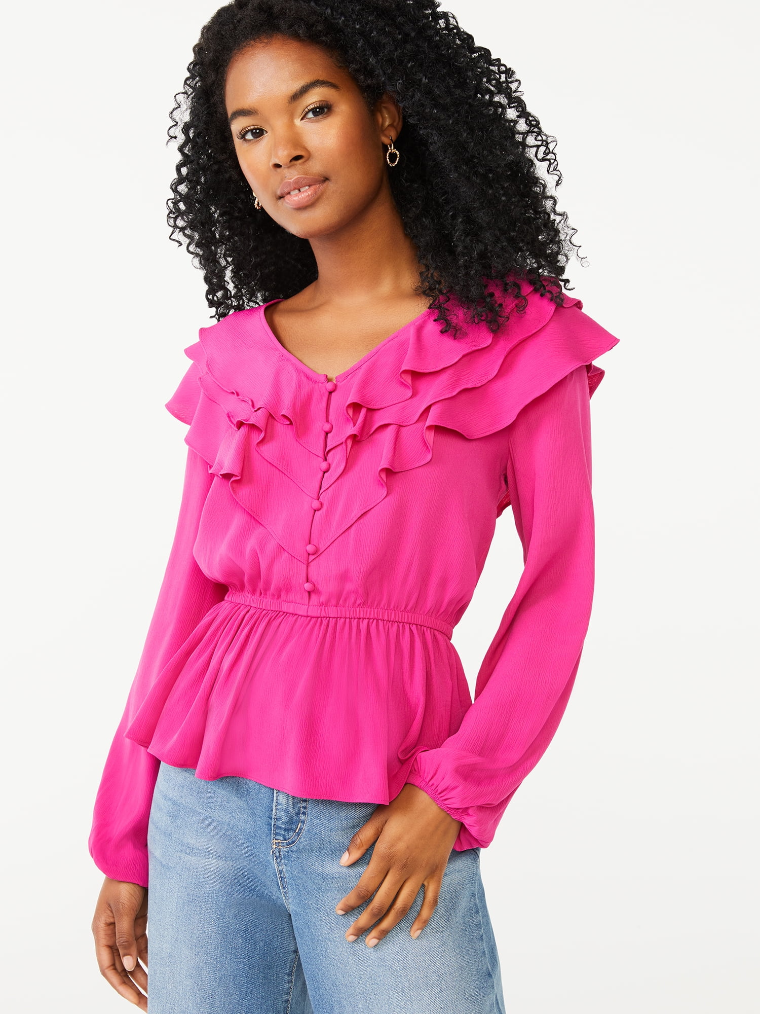 Top Manches Longues Clu Rose/blanc - Taille XS, Mélange Soie/coton, Peplum, Occasion Très Bon état