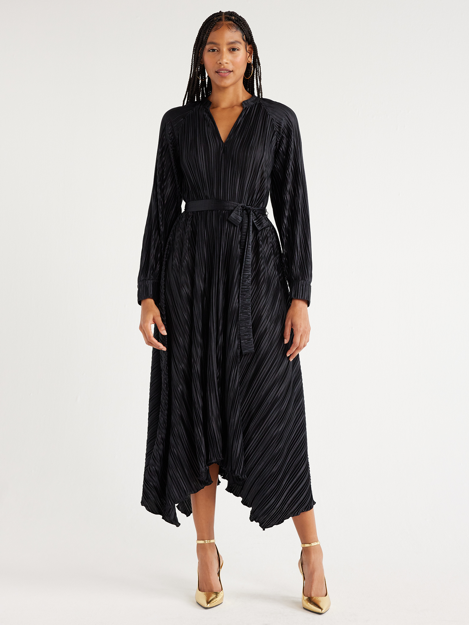 Free Shipping Scoop Women s Long Sleeve Plisse Midi Dress with Handkerchief Hem Sizes XS XXL Walmart