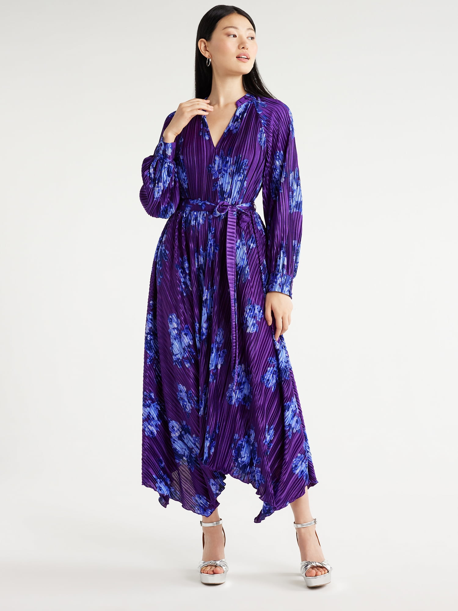 Scoop Women's Long Sleeve Plisse Midi Dress with Handkerchief Hem, Sizes  XS-XXL 