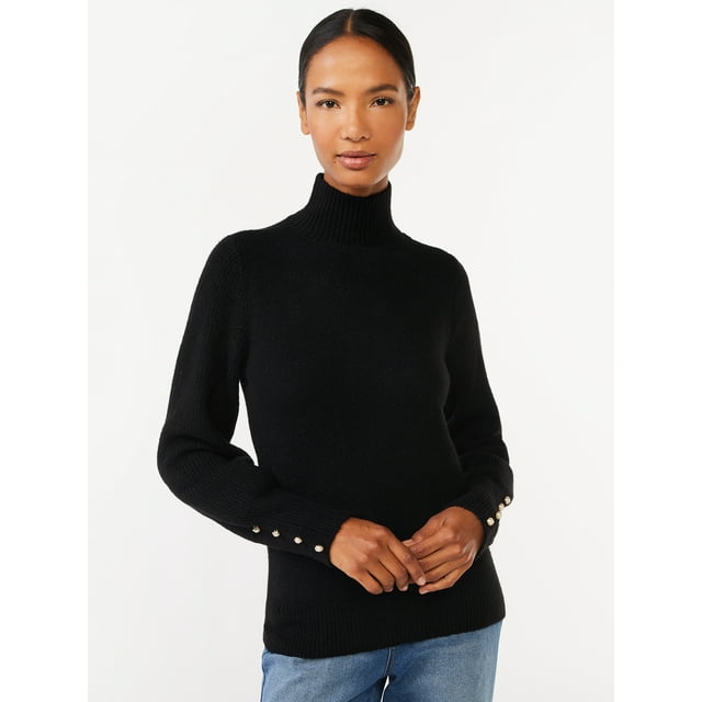Scoop Women's Long Sleeve Turtleneck Sweater with Button Cuffs, Midweight, Sizes XS-XXL